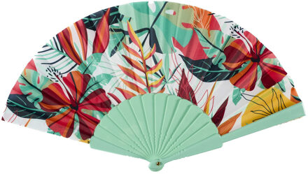 Handwaaier/spaanse waaier Flowers - groen - polyester - 40 x 23 cm - verkoeling/zomer