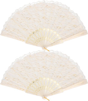 Handwaaier/Spaanse waaier van kant - 2x stuks - wit creme - polyester - 40 cm - decoratief