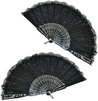 Handwaaier/Spaanse waaier van kant - 2x stuks - zwart - polyester - Verkoeling in de zomer