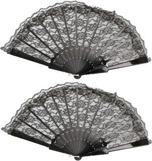 Handwaaier/Spaanse waaier van kant - 2x - zwart - polyester - 44 cm