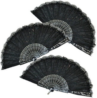 Handwaaier/Spaanse waaier van kant - 4x stuks - zwart - polyester - Verkoeling in de zomer