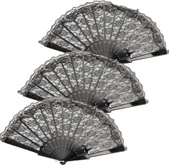 Handwaaier/Spaanse waaier van kant - 4x - zwart - polyester - 44 cm