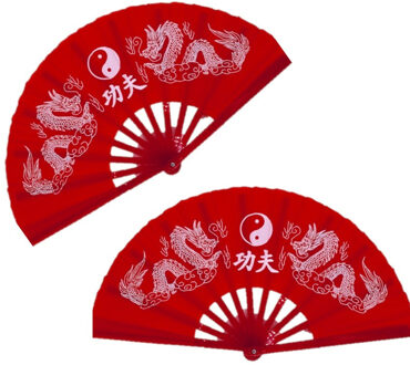 Handwaaier tai chi - 2x stuks - yin yang en draken - rood - 65 x 35 cm - polyester/kunststof