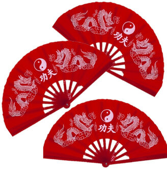 Handwaaier tai chi - 3x stuks - yin yang en draken - rood - 65 x 35 cm - polyester/kunststof