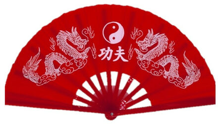 Handwaaier tai chi - yin yang en draken - rood - 65 x 35 cm - polyester/kunststof