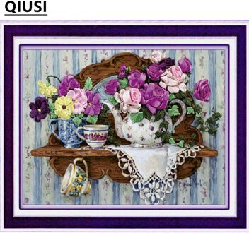 Handwerken, DIY Lint kruissteek Sets voor Borduurwerk kit, teaport bloem liefde lint Kruissteek handwerk muur home decor