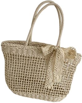 Handwoven Stro Rotan Strand Handtas Vrouwen Meisjes Zomer Hollow Out Crossbody Schoudertas Met Strik Kant Kwasten