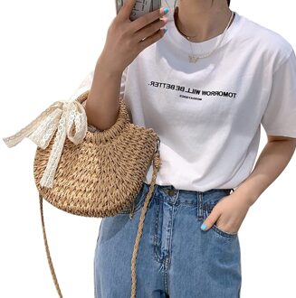 Handwoven Stro Rotan Strand Handtas Vrouwen Meisjes Zomer Hollow Out Crossbody Schoudertas Met Strik Kant Kwasten