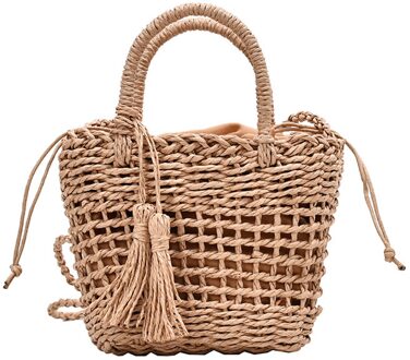 Handwoven Stro Rotan Strand Handtas Vrouwen Meisjes Zomer Hollow Out Crossbody Schoudertas Met Strik Kant Kwasten