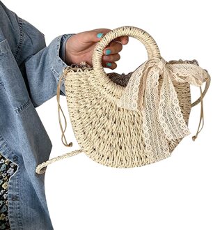 Handwoven Stro Rotan Strand Handtas Vrouwen Meisjes Zomer Hollow Out Crossbody Schoudertas Met Strik Kant Kwasten