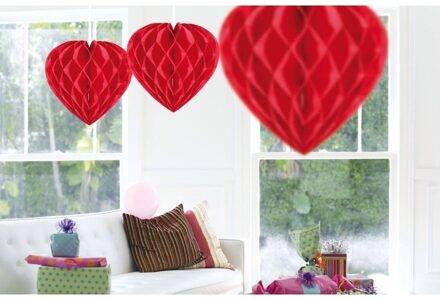 Hangdecoratie hartje rood - 3x - papier - D30 cm - versiering - Valentijnsdag/bruiloft
