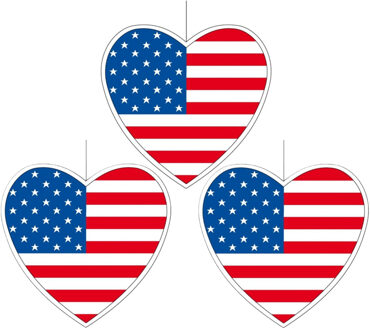 Hangdecoratie hartje USA/Amerika - 3x - 14 cm - Amerikaanse vlag landen versiering