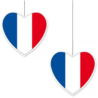 Hangdecoratie hartje van vlag Frankrijk - 2x - 14 cm - Franse vlag EK/WK landen versiering - karton