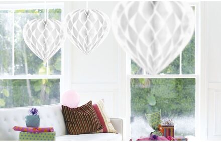 Hangdecoratie hartje wit - 3x - papier - D30 cm - versiering - Valentijnsdag/bruiloft