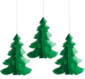 Hangdecoratie kerstboom - 3x - groen - 35 cm - brandvertragend papier - kerstversiering