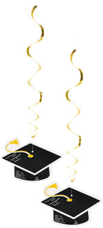 Hangdecoratie swirls geslaagd thema - 2x - zwart/goud - papier - 85 cm - Hangdecoratie