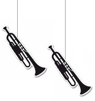Hangdecoratie trompet - 2x - 42 cm - papier/karton - brandvertragend - muziek thema versiering