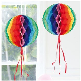 Hangende decoratie bol/bal in regenboog kleuren dia 30 cm - Hangdecoratie Multikleur