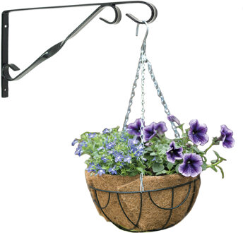 Hanging basket 25 cm met klassieke muurhaak donkergrijs en kokos inlegvel - metaal - hangmand set - Plantenbakken Groen