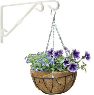 Hanging basket 25 cm met klassieke muurhaak wit en kokos inlegvel - metaal - complete hangmand set - Plantenbakken Groen