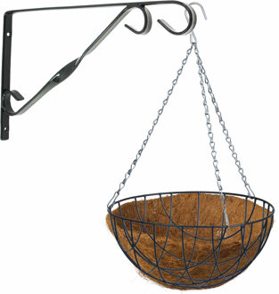 Hanging basket 30 cm met klassieke muurhaak groen en kokos inlegvel - metaal - complete hangmand set - Plantenbakken Multikleur