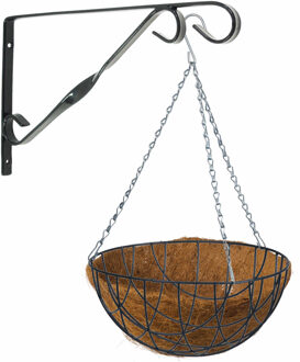 Hanging basket 35 cm met klassieke muurhaak groen en kokos inlegvel - metaal - complete hangmand set - Plantenbakken Multikleur