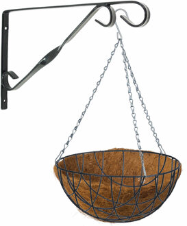 Hanging basket 35 cm met klassieke muurhaak zwart en kokos inlegvel - metaal - complete hangmand set - Plantenbakken Multikleur