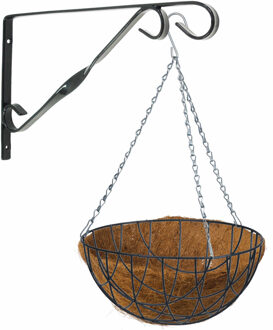 Hanging basket 40 cm met klassieke muurhaak groen en kokos inlegvel - metaal - complete hangmand set - Plantenbakken Multikleur