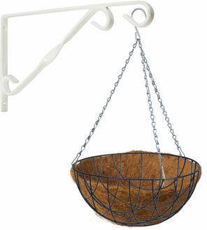 Hanging basket 40 cm met klassieke muurhaak wit en kokos inlegvel - metaal - complete hangmand set - Plantenbakken Groen