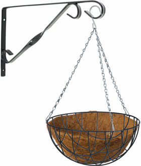 Hanging basket met klassieke muurhaak grijs en kokos inlegvel - metaal - complete hanging basket set - Plantenbakken Groen