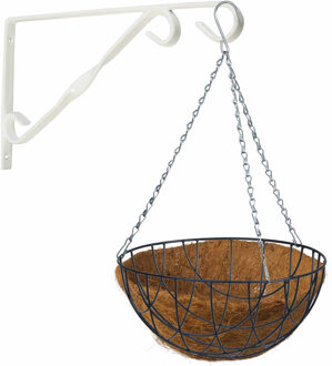 Hanging basket met klassieke muurhaak wit en kokos inlegvel - metaal - complete hanging basket set - Plantenbakken Multikleur