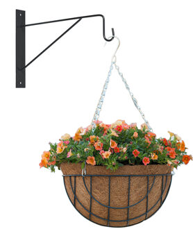 Hanging basket met muurhaak donkergrijs en kokos inlegvel - metaal - complete hanging basket set - Plantenbakken Multikleur