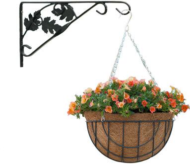 Hanging basket met muurhaak sierblad groen en kokos inlegvel - metaal - complete hanging basket set - Plantenbakken Multikleur