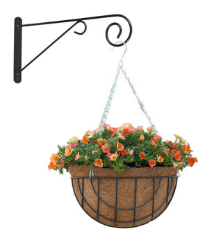 Hanging basket met muurhaak sierkrul grijs en kokos inlegvel - metaal - complete hanging basket set - Plantenbakken Multikleur