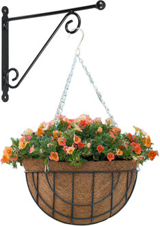 Hanging basket met muurhaak sierkrul groen en kokos inlegvel - metaal - complete hanging basket set - Plantenbakken Multikleur