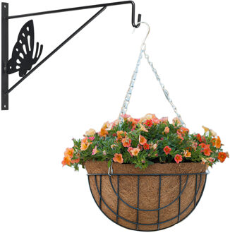 Hanging basket met muurhaak vlinder antraciet en kokos inlegvel - metaal - complete hangmand set - Plantenbakken Multikleur