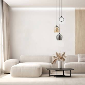 Hanglamp 23081, 3-lamps, glas, Ø 44 cm, 3.000 K rookgrijs, goud, transparant, zwart