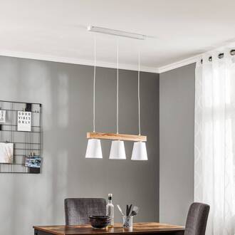Hanglamp Aldonn met stoffen kap, 3-lamps licht hout, wit