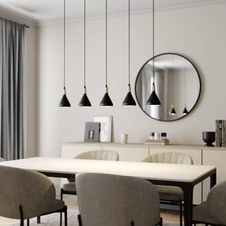 hanglamp Arina, 100 cm, zwart, 5-lamps zwart, licht hout