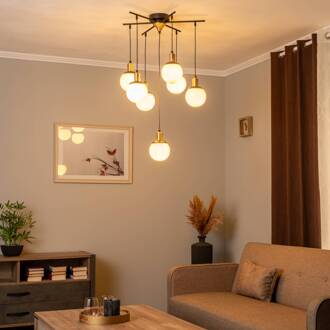 Hanglamp AV-1838-7BSY, 7-lamps zwart, opaalwit