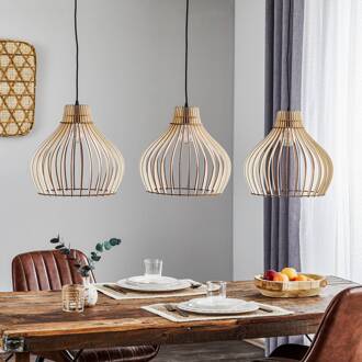 Hanglamp Barrel met houten kappen, 3-lamps lang hout licht, zwart