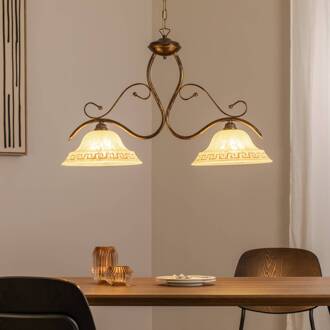 Hanglamp BILIARDO GIORGIO, crème/brons, glas/ijzer 2-lamps. crème wit, antiek brons