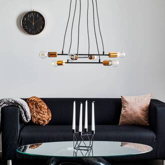 Hanglamp Bravo 6-lamps met koperen details, zwart zwart, koper