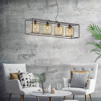 Hanglamp Caydo, matzwart/goud, lengte 110 cm, 4-lamps. zwart mat, goud