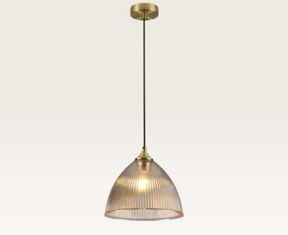Hanglamp Ciotola ambra pendente - Koepelvormige bol van geribbeld amberkleurig glas en metalen gouden drager - Zonder lichtbron