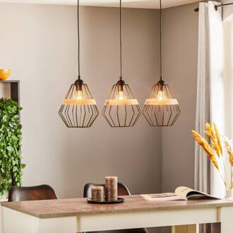 Hanglamp Cliff, drie kooischermpjes met houten band zwart, licht hout