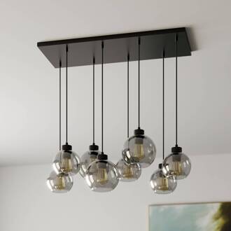 Hanglamp Cubus, 95 cm lang, 8-lamps, rookgrijs, glas rookgrijs-transparant, zwart