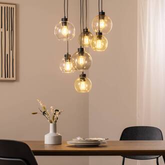 Hanglamp Cubus Mix, Ø 49 cm, 7-lamps, meerkleurig, glas, E27 zwart, transparant, amber, grafiet