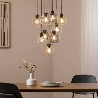 Hanglamp Cubus Mix, Ø 58 cm, 9-lamps, meerkleurig, glas, E27 zwart, transparant, amber, grafiet