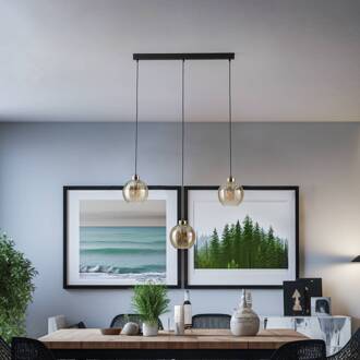 Hanglamp Devi, amber, 3-lamps, balk zwart, goud, amber